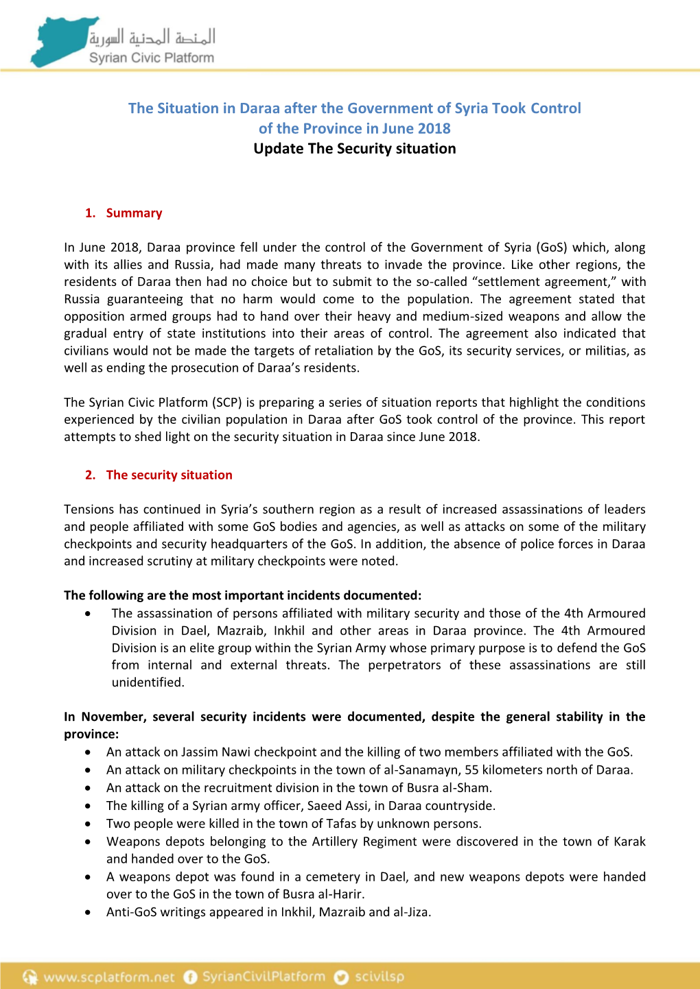 The Situation in Daraa After the Government of Syria Took Control of the Province in June 2018 Update the Security Situation