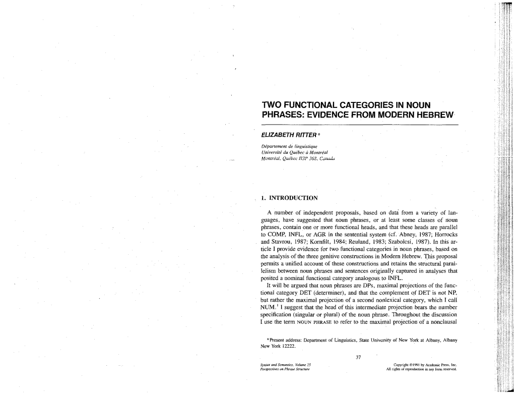 Two Functional Categories in Noun Phrases: Evidence from Modern Hebrew