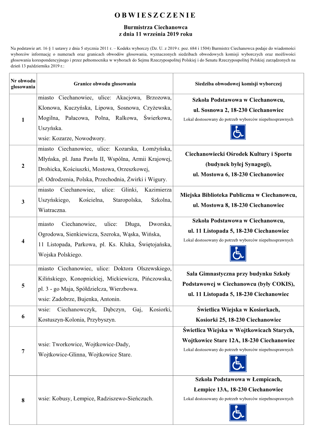 OBWIESZCZENIE Burmistrza Ciechanowca Z Dnia 11 Września 2019 Roku