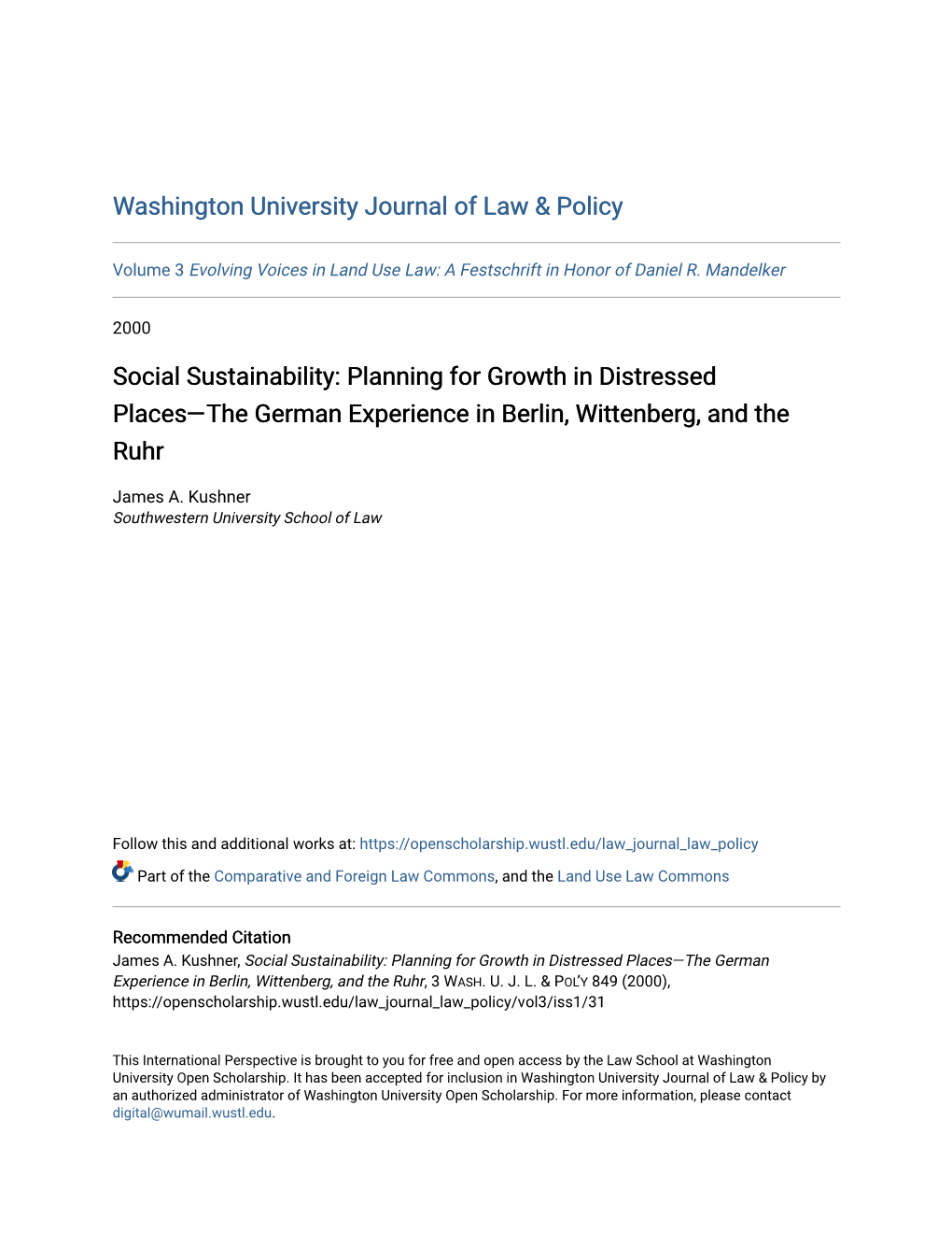 Social Sustainability: Planning for Growth in Distressed Places—The German Experience in Berlin, Wittenberg, and the Ruhr