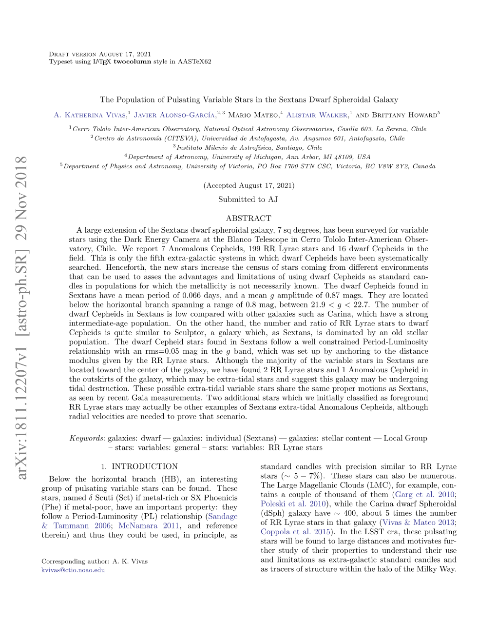 Arxiv:1811.12207V1 [Astro-Ph.SR] 29 Nov 2018 Below the Horizontal Branch (HB), an Interesting Group of Pulsating Variable Stars Can Be Found