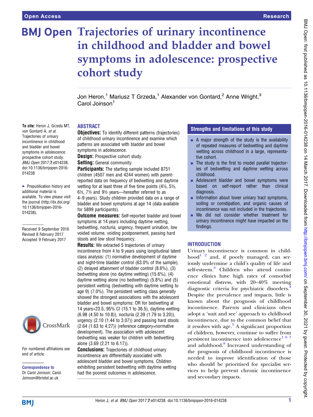 Trajectories of Urinary Incontinence in Childhood and Bladder and Bowel Symptoms in Adolescence: Prospective Cohort Study