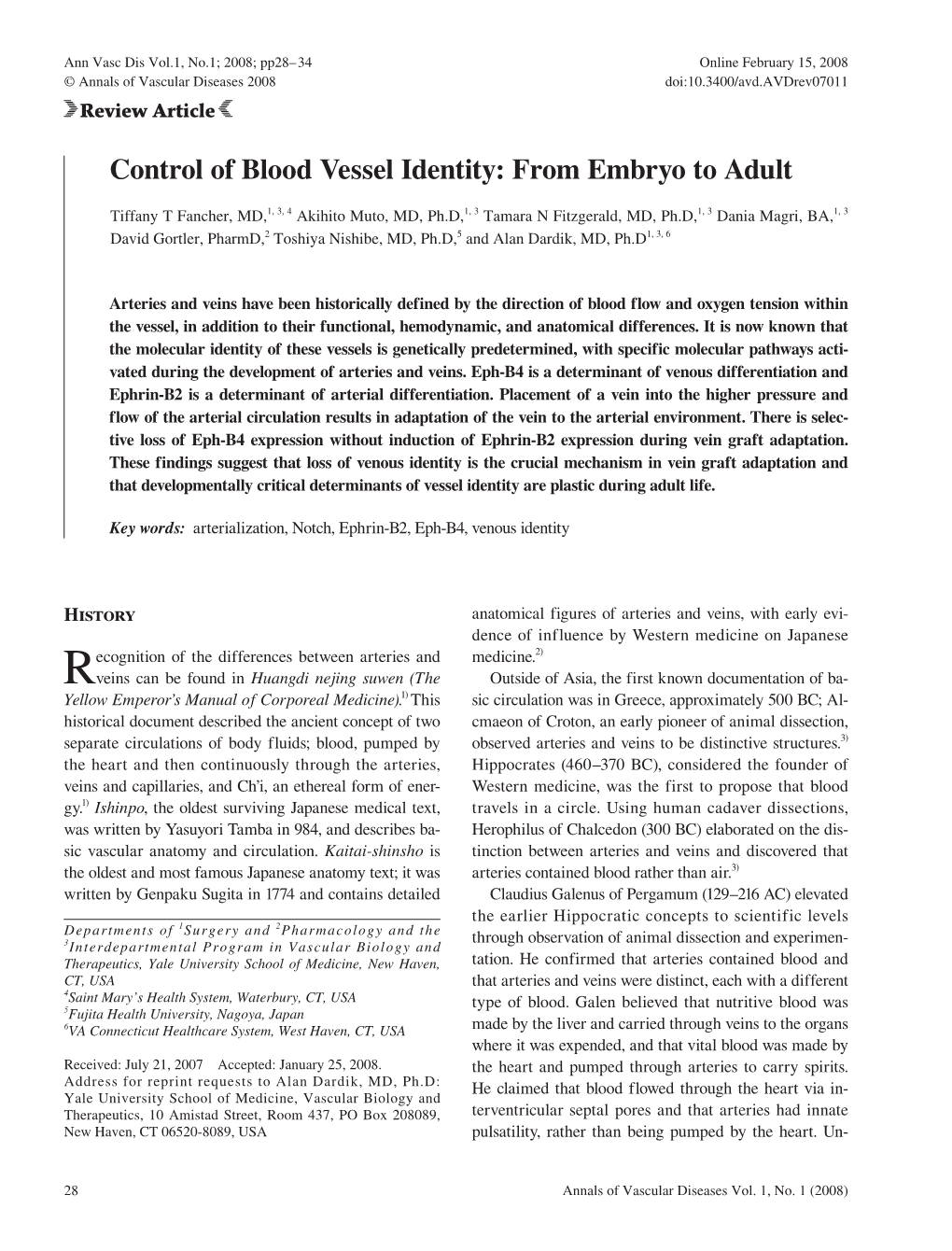 Control of Blood Vessel Identity: from Embryo to Adult