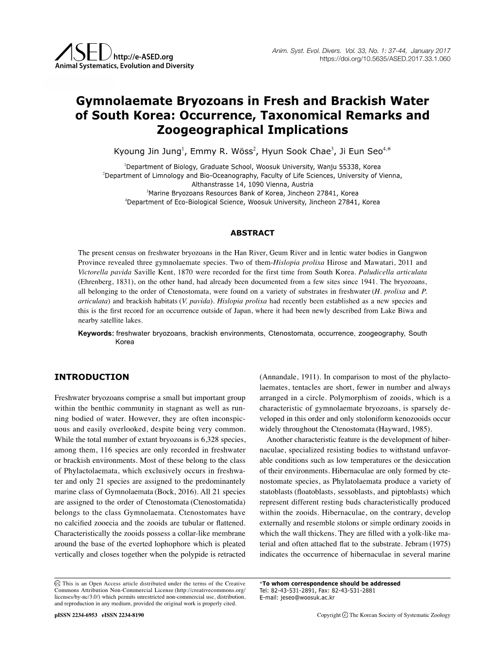 Gymnolaemate Bryozoans in Fresh and Brackish Water of South Korea: Occurrence, Taxonomical Remarks and Zoogeographical Implications