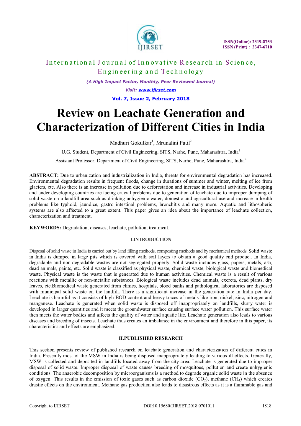 Review on Leachate Generation and Characterization of Different Cities in India