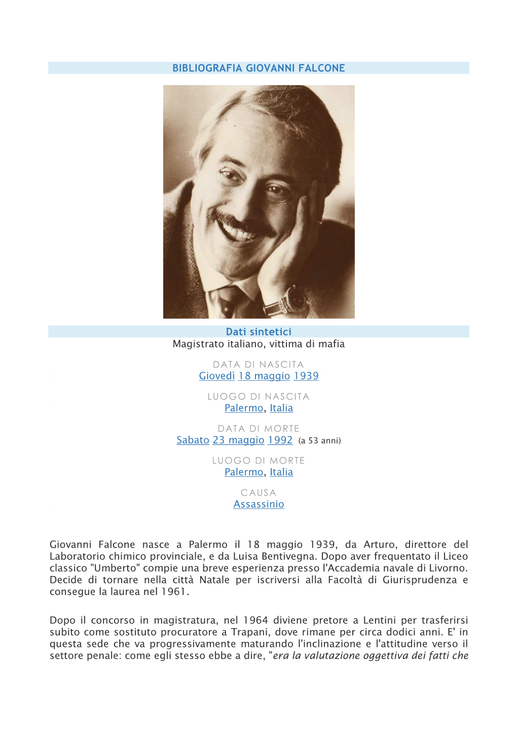 Bibliografia Giovanni Falcone