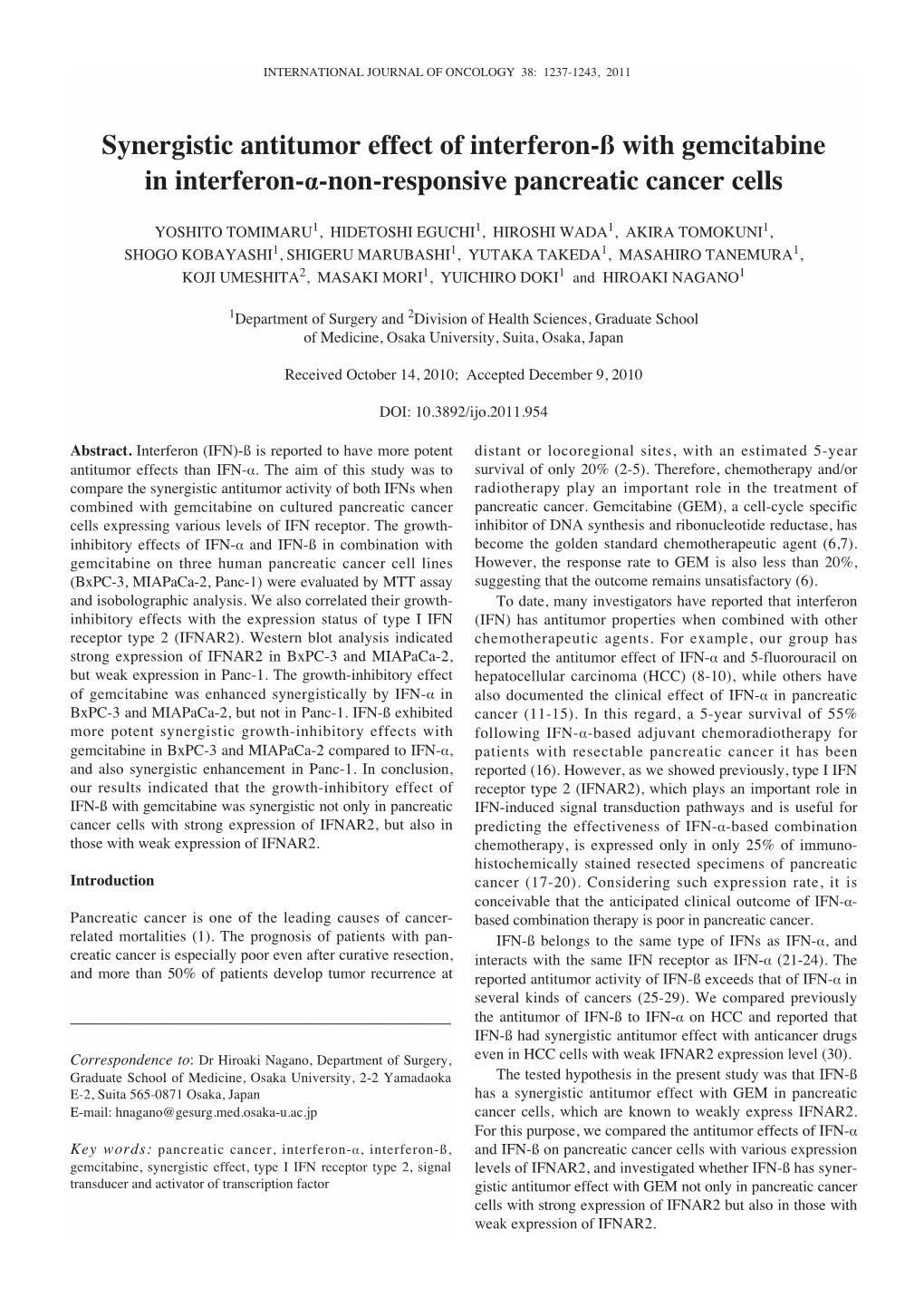 Synergistic Antitumor Effect of Interferon-ß with Gemcitabine in Interferon-·-Non-Responsive Pancreatic Cancer Cells