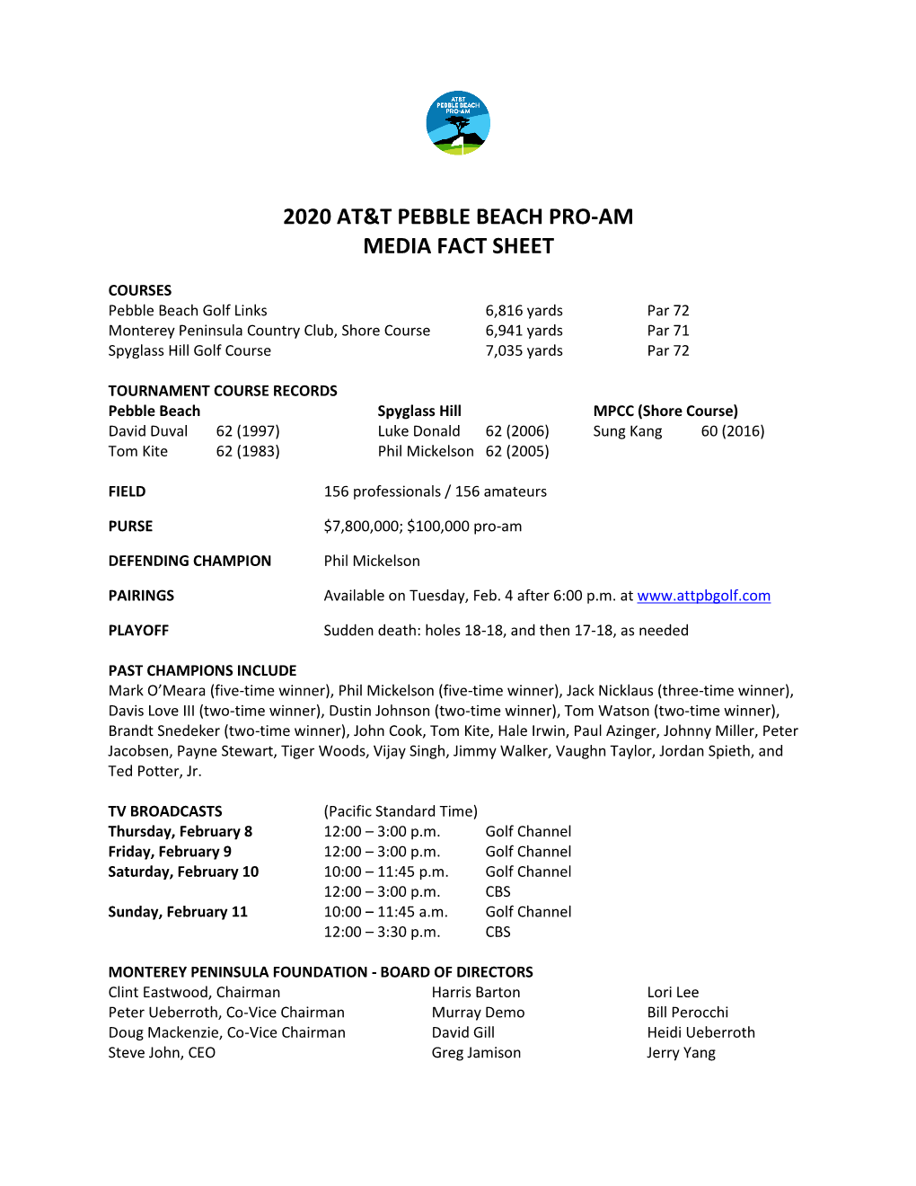 2020 At&T Pebble Beach Pro-Am Media Fact Sheet