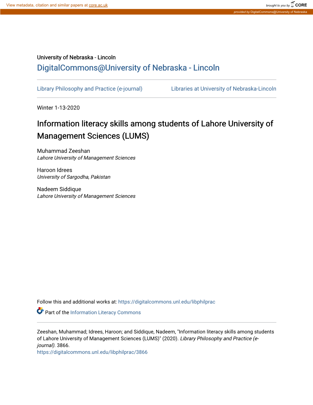 Information Literacy Skills Among Students of Lahore University of Management Sciences (LUMS)