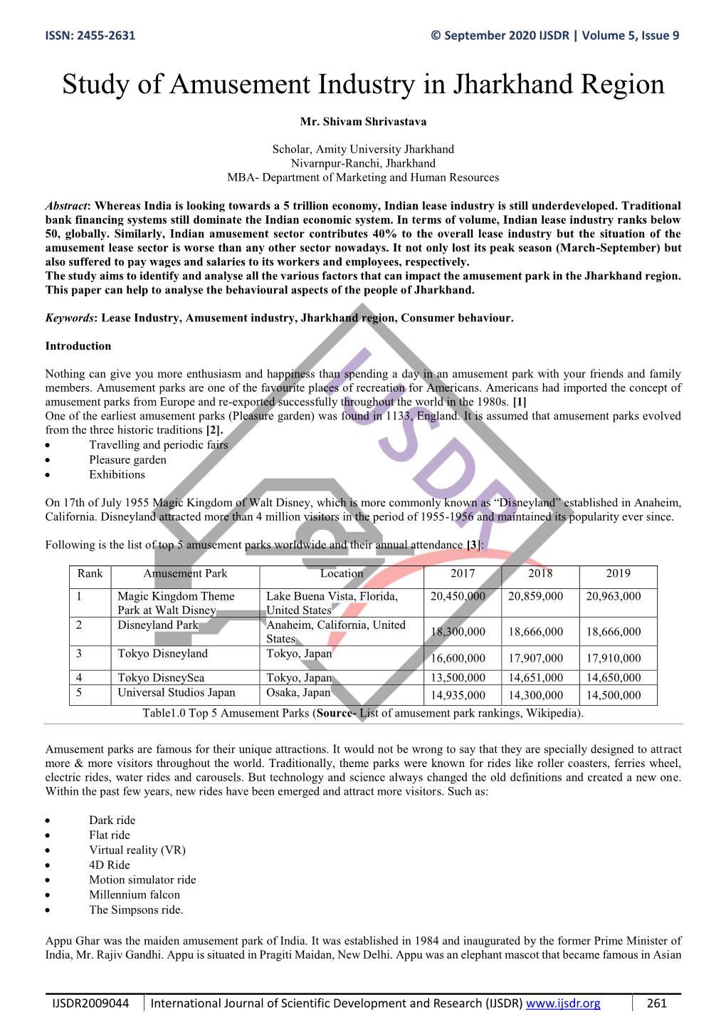 Study of Amusement Industry in Jharkhand Region