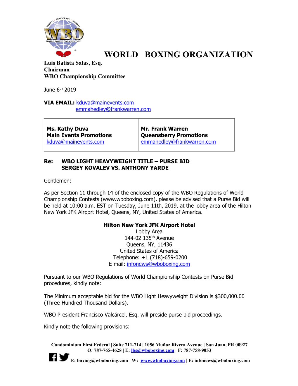 WORLD BOXING ORGANIZATION Luis Batista Salas, Esq