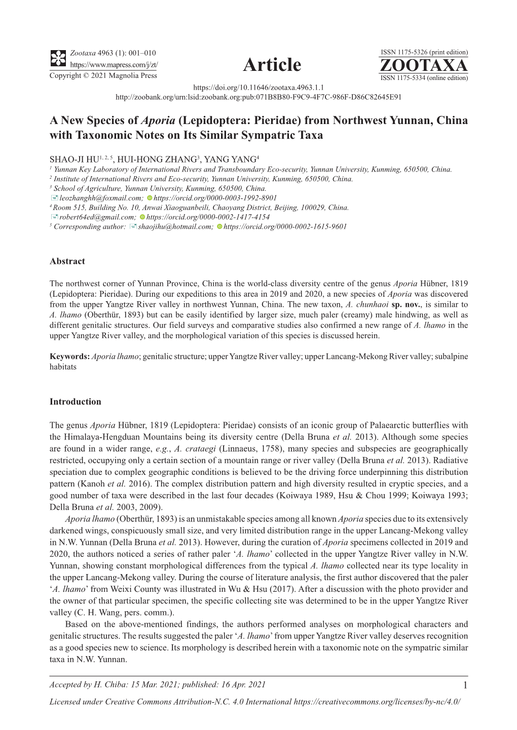 A New Species of Aporia (Lepidoptera: Pieridae) from Northwest Yunnan, China with Taxonomic Notes on Its Similar Sympatric Taxa