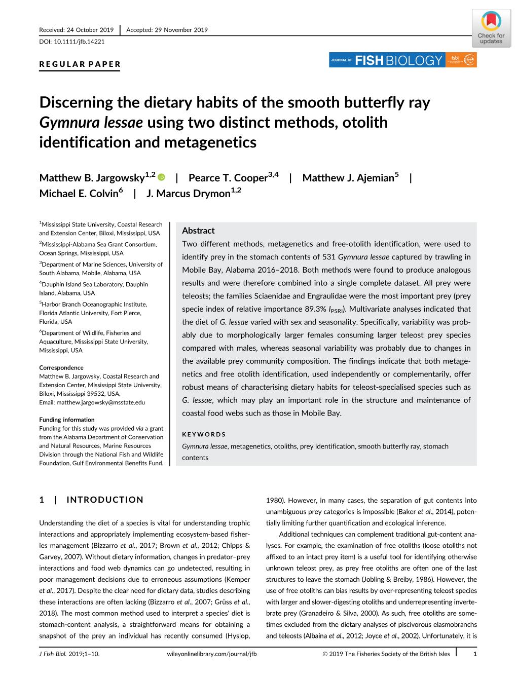 Discerning the Dietary Habits of the Smooth Butterfly Ray Gymnura Lessae Using Two Distinct Methods, Otolith Identification and Metagenetics