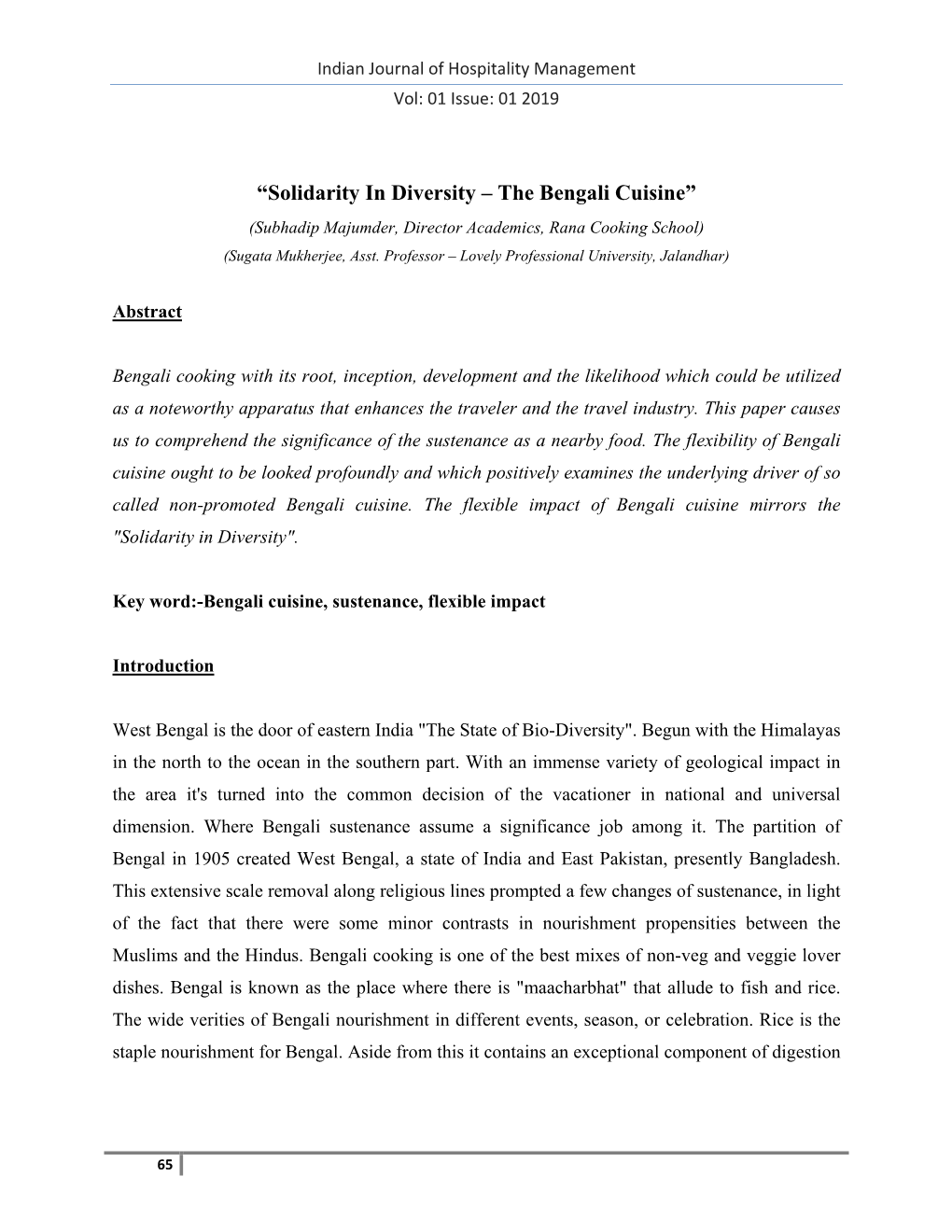 Solidarity in Diversity – the Bengali Cuisine” (Subhadip Majumder, Director Academics, Rana Cooking School) (Sugata Mukherjee, Asst