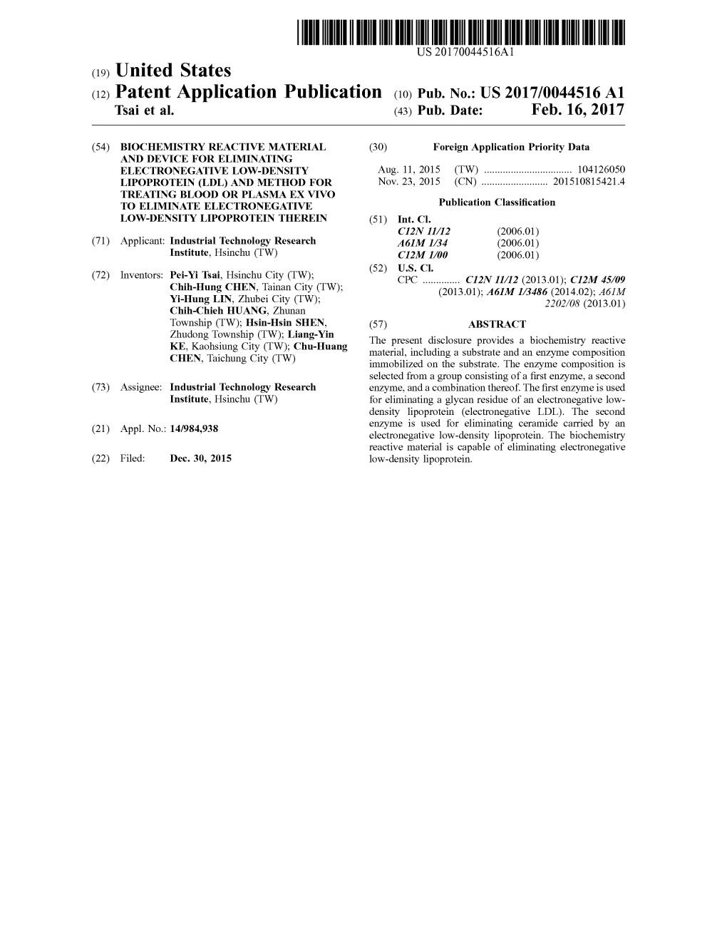 (12) Patent Application Publication (10) Pub. No.: US 2017/0044516 A1 Tsai Et Al