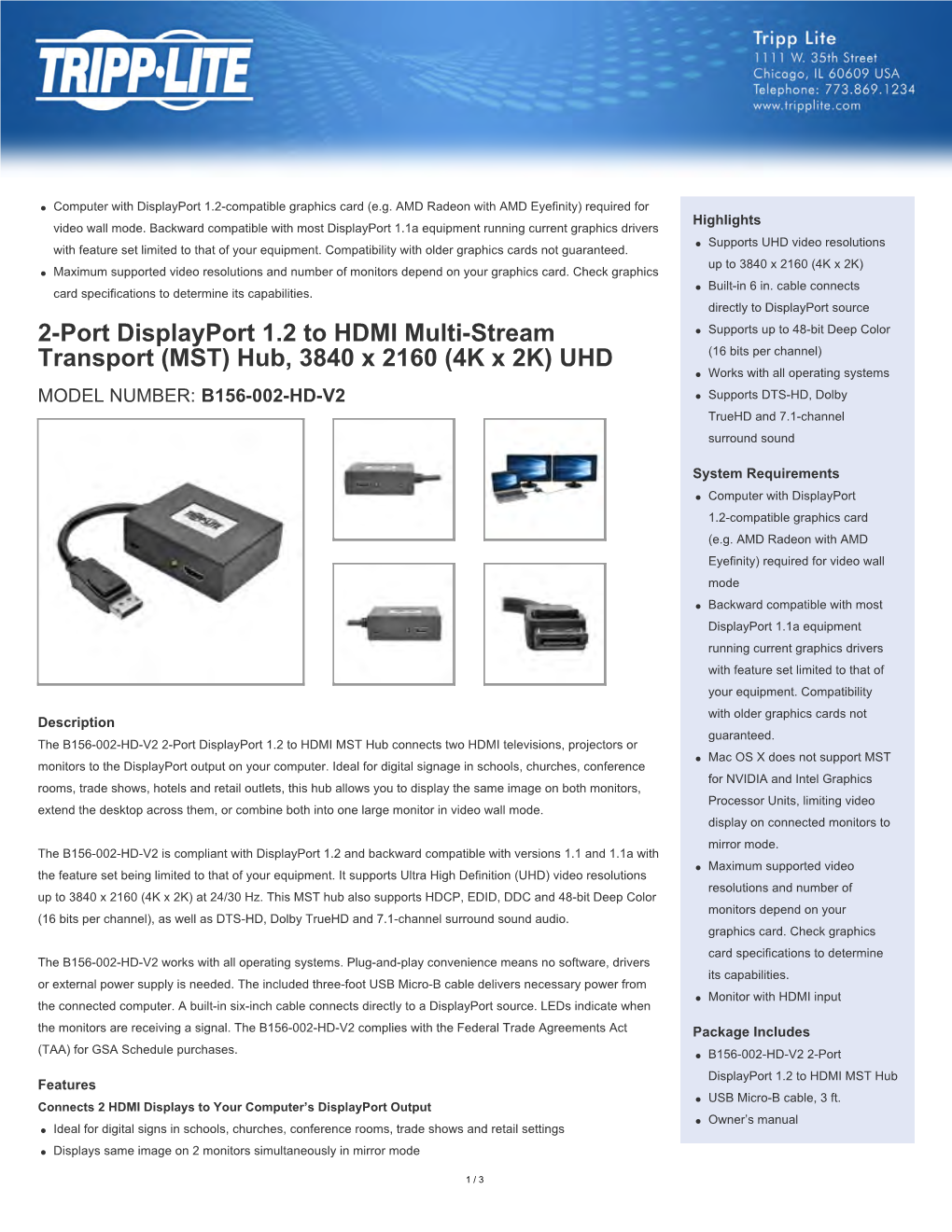 2-Port Displayport 1.2 to HDMI Multi-Stream Transport (MST) Hub, 3840 X 2160