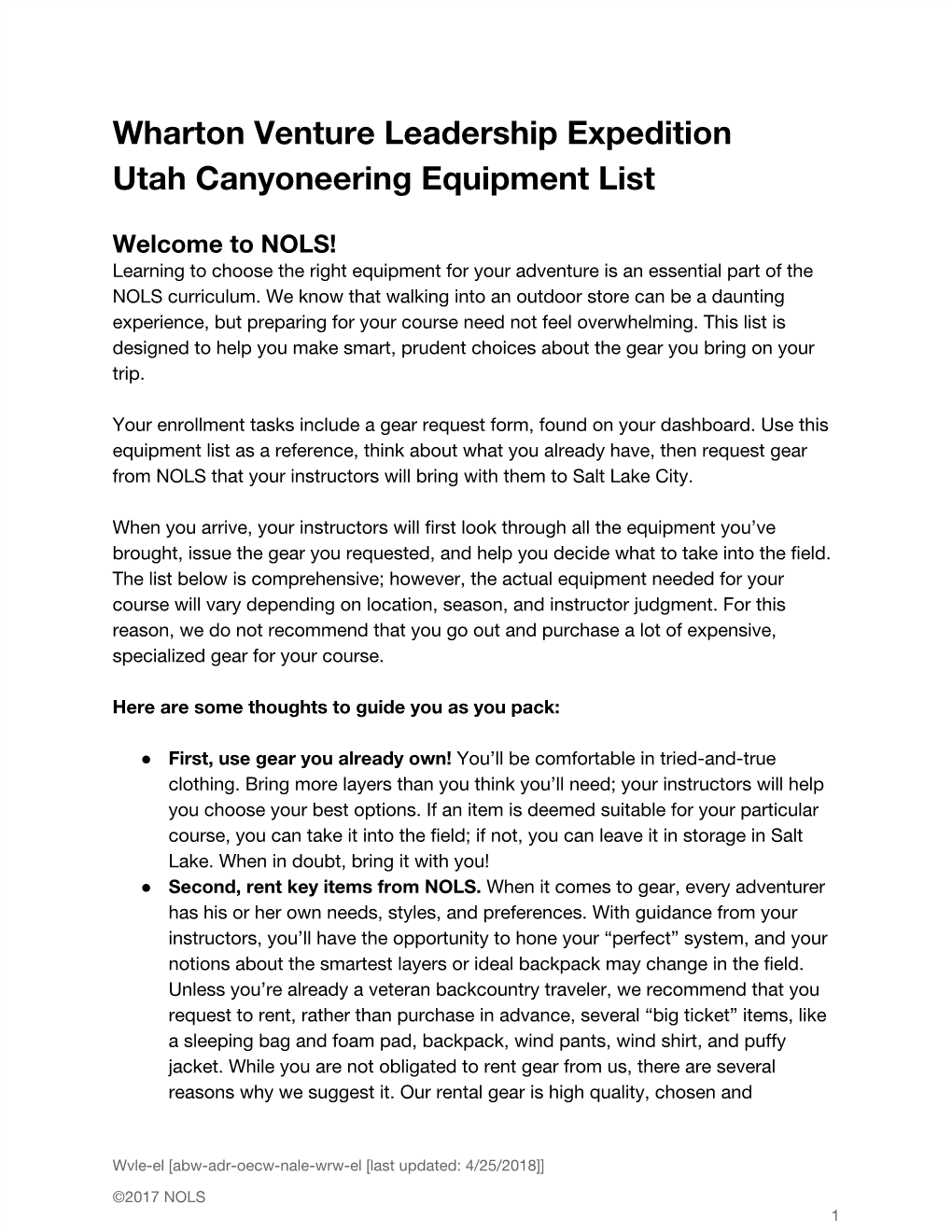 Wharton Venture Leadership Expedition Utah Canyoneering Equipment List ​