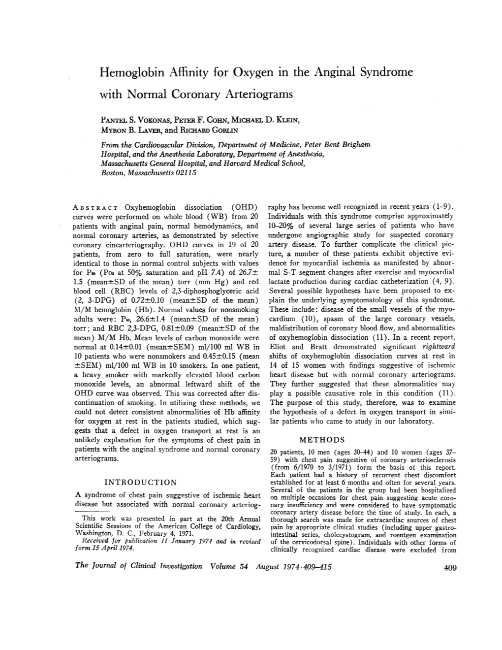 Hemoglobin Affinity for Oxygen in the Anginal Syndrome with Normal Coronary Arteriograms