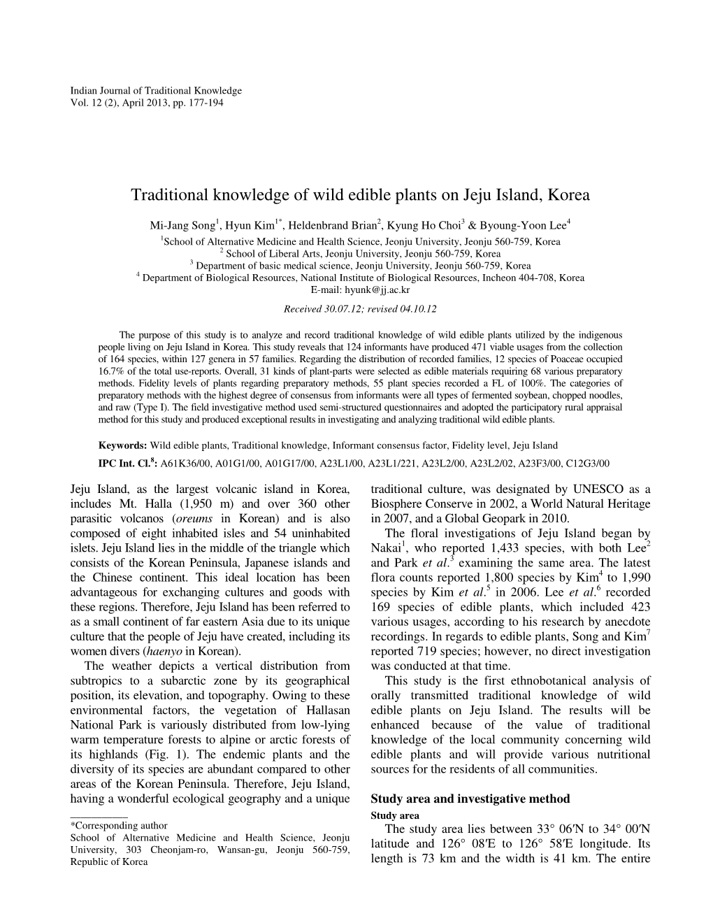 Traditional Knowledge of Wild Edible Plants on Jeju Island, Korea