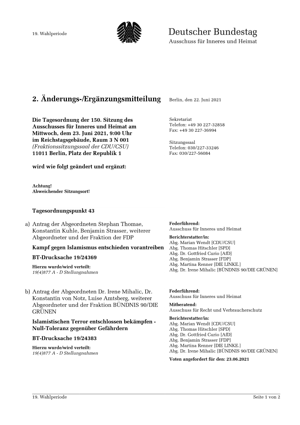 2. Änderungs-/Ergänzungsmitteilung Berlin, Den 22. Juni 2021