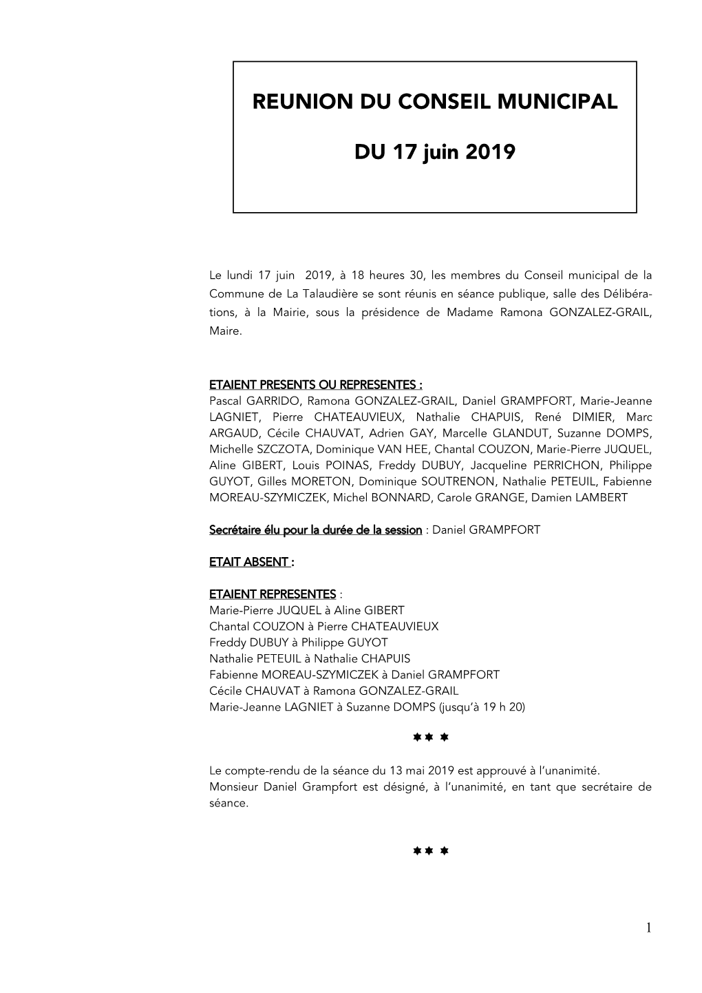 REUNION DU CONSEIL MUNICIPAL DU 17 Juin 2019
