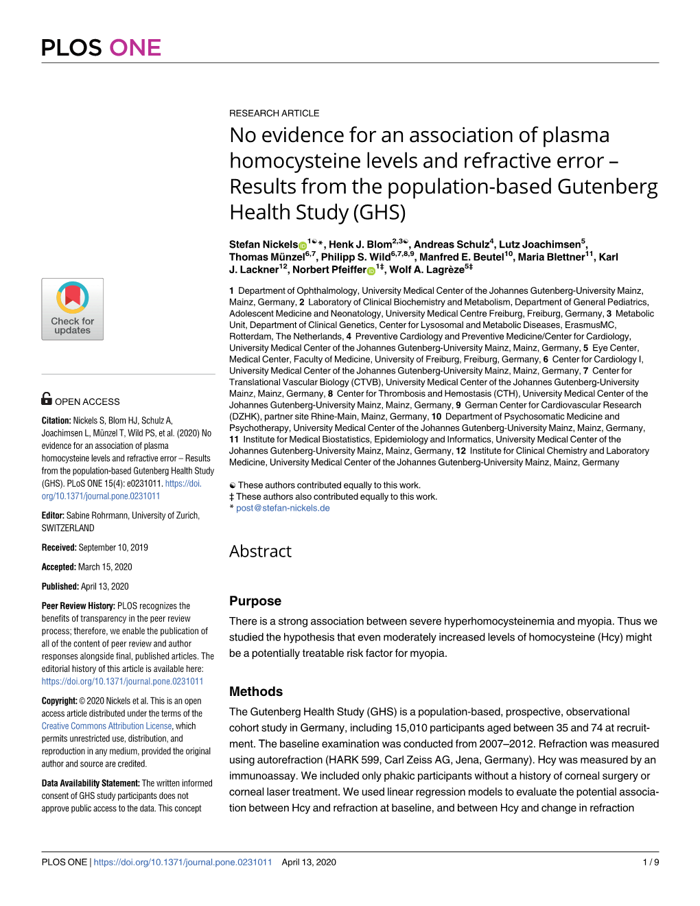 No Evidence for an Association of Plasma Homocysteine Levels and Refractive Error – Results from the Population-Based Gutenberg Health Study (GHS)