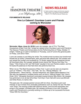 Vive Le Cabaret! Countess Luann and Friends Coming to Worcester