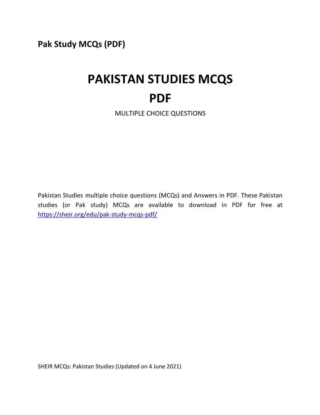 Pakistan Studies Mcqs Pdf Multiple Choice Questions