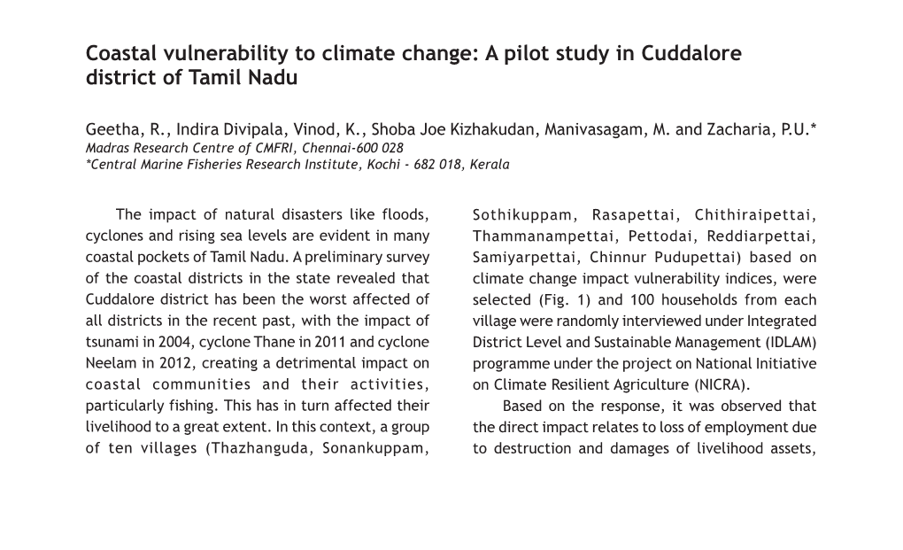 A Pilot Study in Cuddalore District of Tamil Nadu