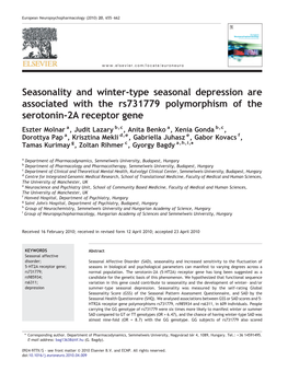 Seasonality and Winter-Type Seasonal Depression Are Associated with the Rs731779 Polymorphism of the Serotonin-2A Receptor Gene