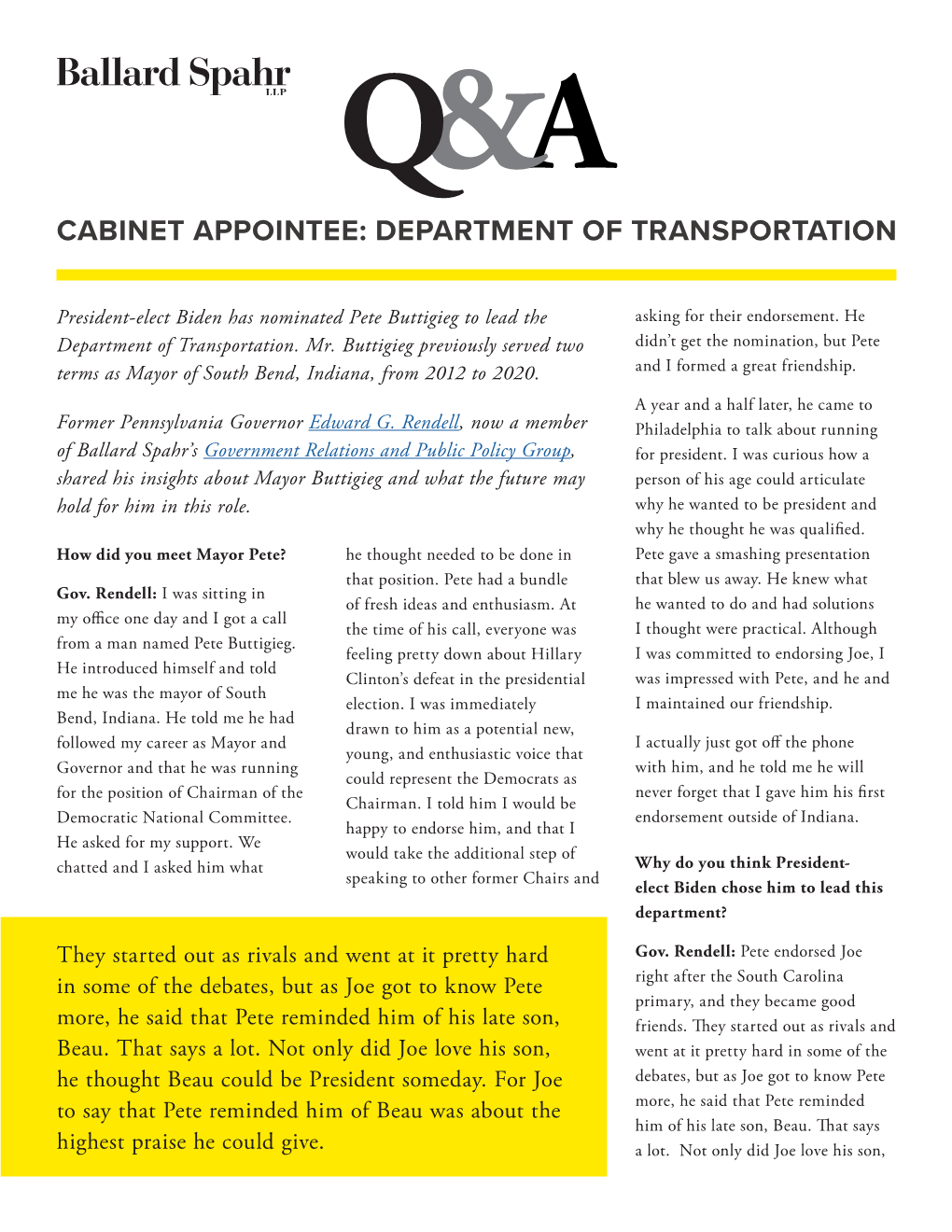 Cabinet Appointee: Department of Transportation