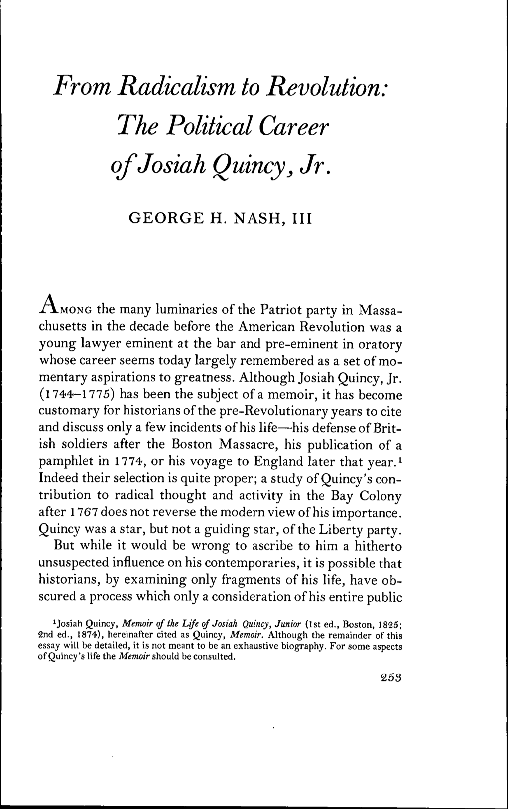 The Political Career Ofjosiah Quincy, Jr