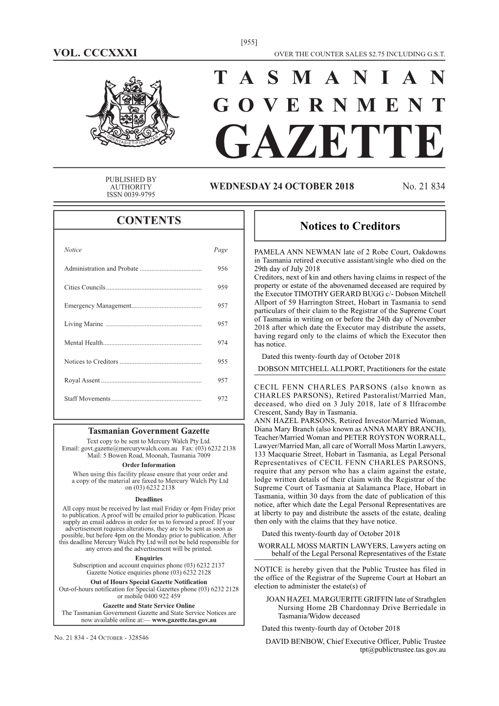 GAZETTE PUBLISHED by AUTHORITY WEDNESDAY 24 OCTOBER 2018 No