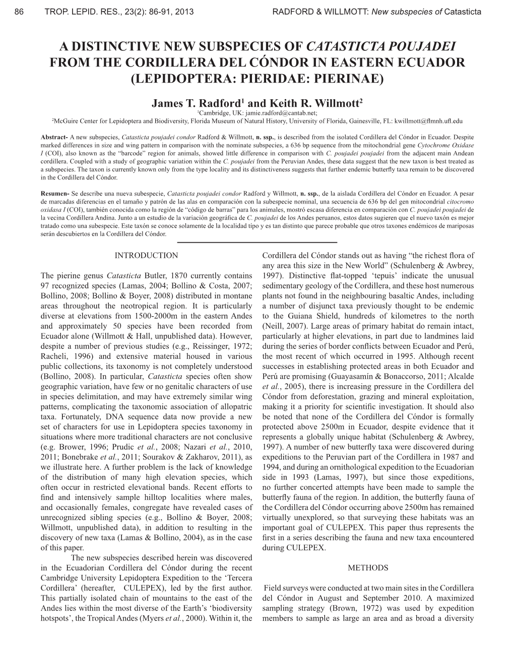 A Distinctive New Subspecies of Catasticta Poujadei from the Cordillera Del Cóndor in Eastern Ecuador (Lepidoptera: Pieridae: Pierinae)