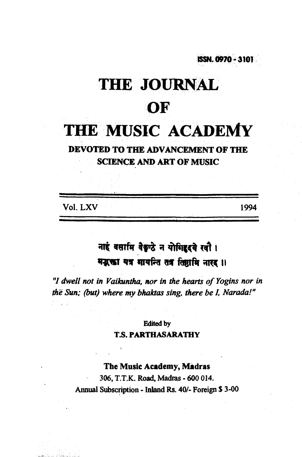 The Journal of the Music Academy Devoted to the Advancement of the Science and Art of Music