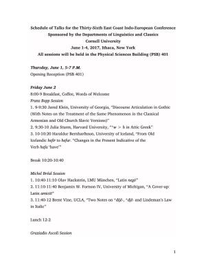 1 Schedule of Talks for the Thirty-Sixth East Coast Indo