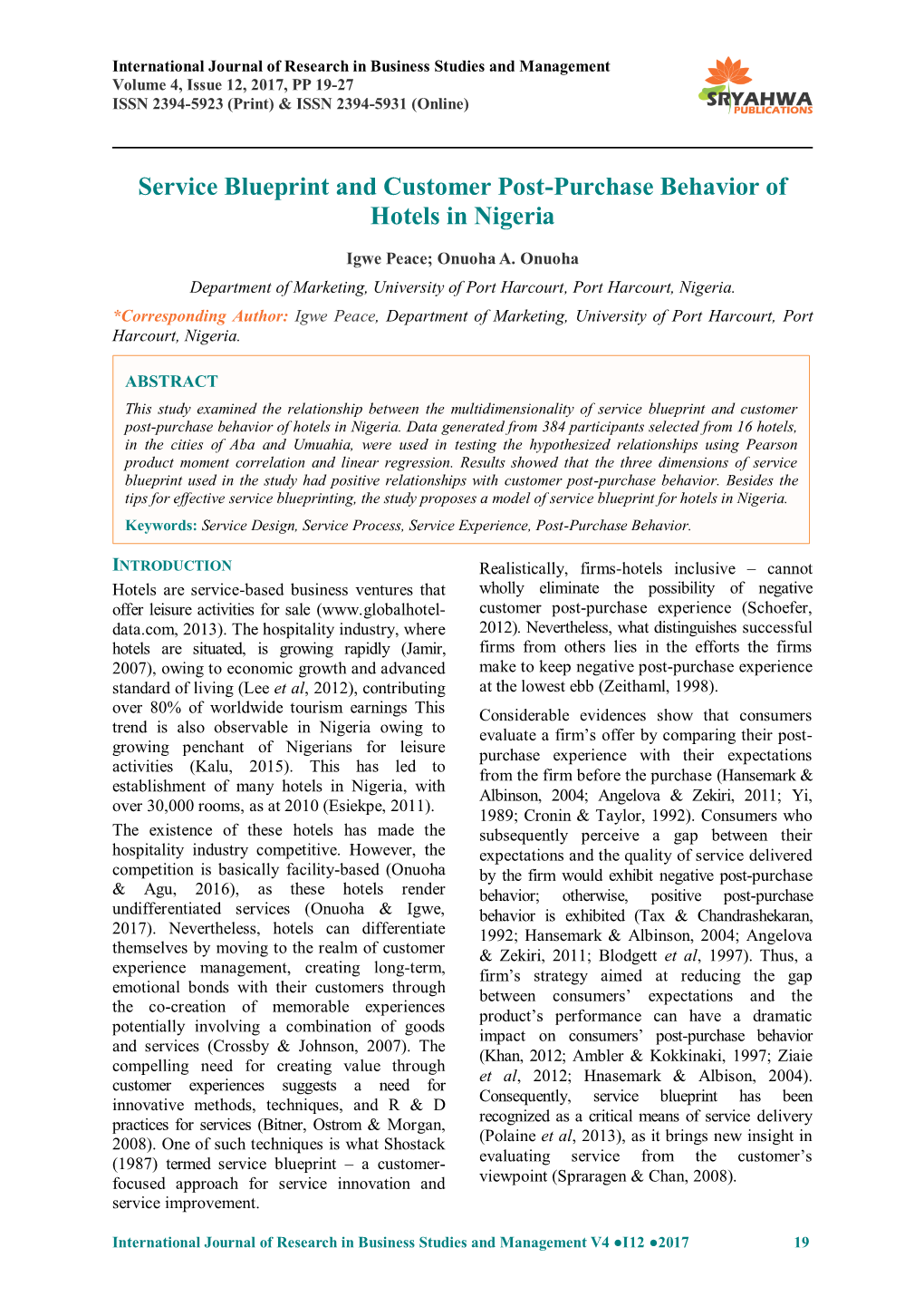 Service Blueprint and Customer Post-Purchase Behavior of Hotels in Nigeria