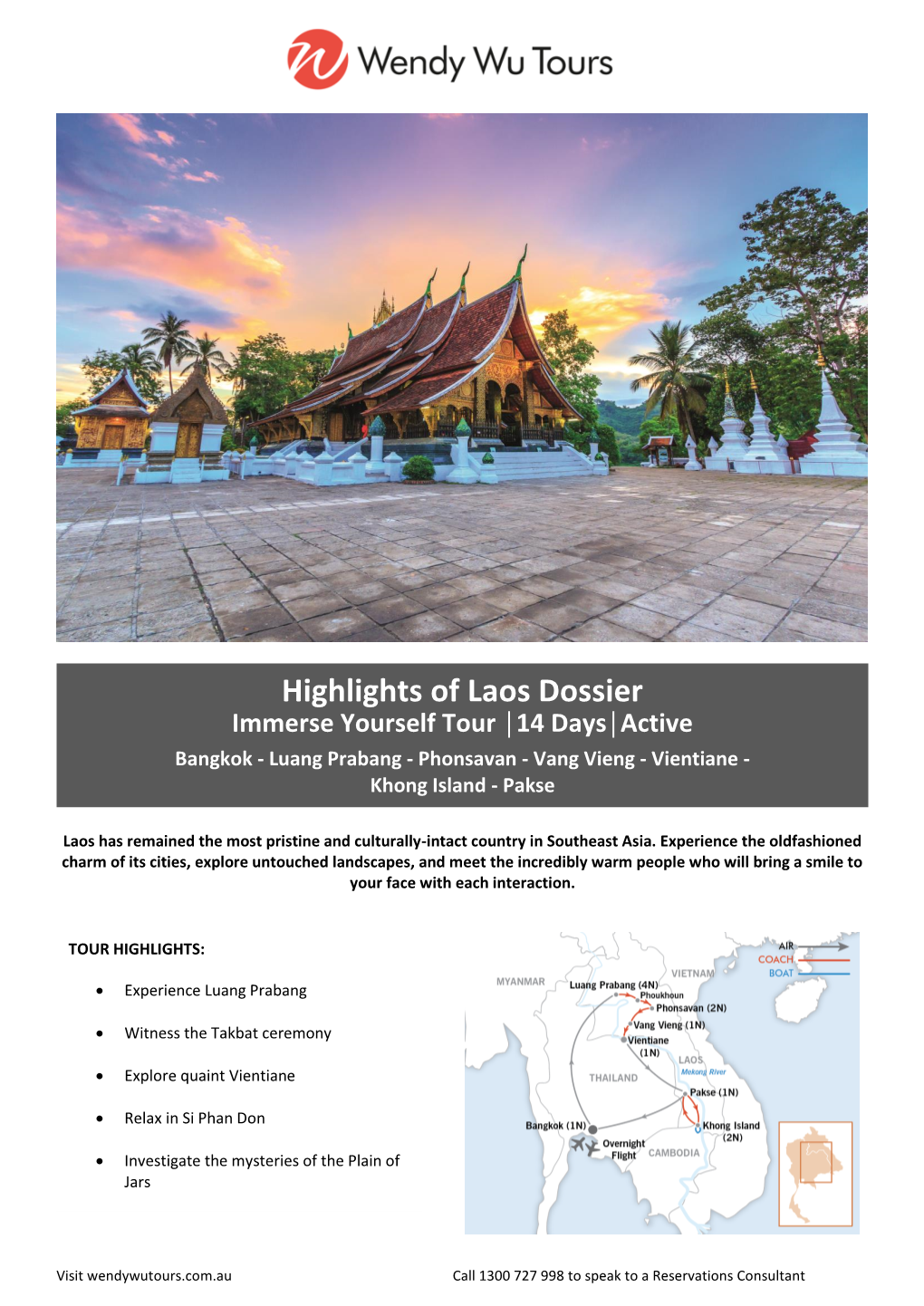 Highlights of Laos Dossier Immerse Yourself Tour │14 Days│Active Bangkok - Luang Prabang - Phonsavan - Vang Vieng - Vientiane - Khong Island - Pakse