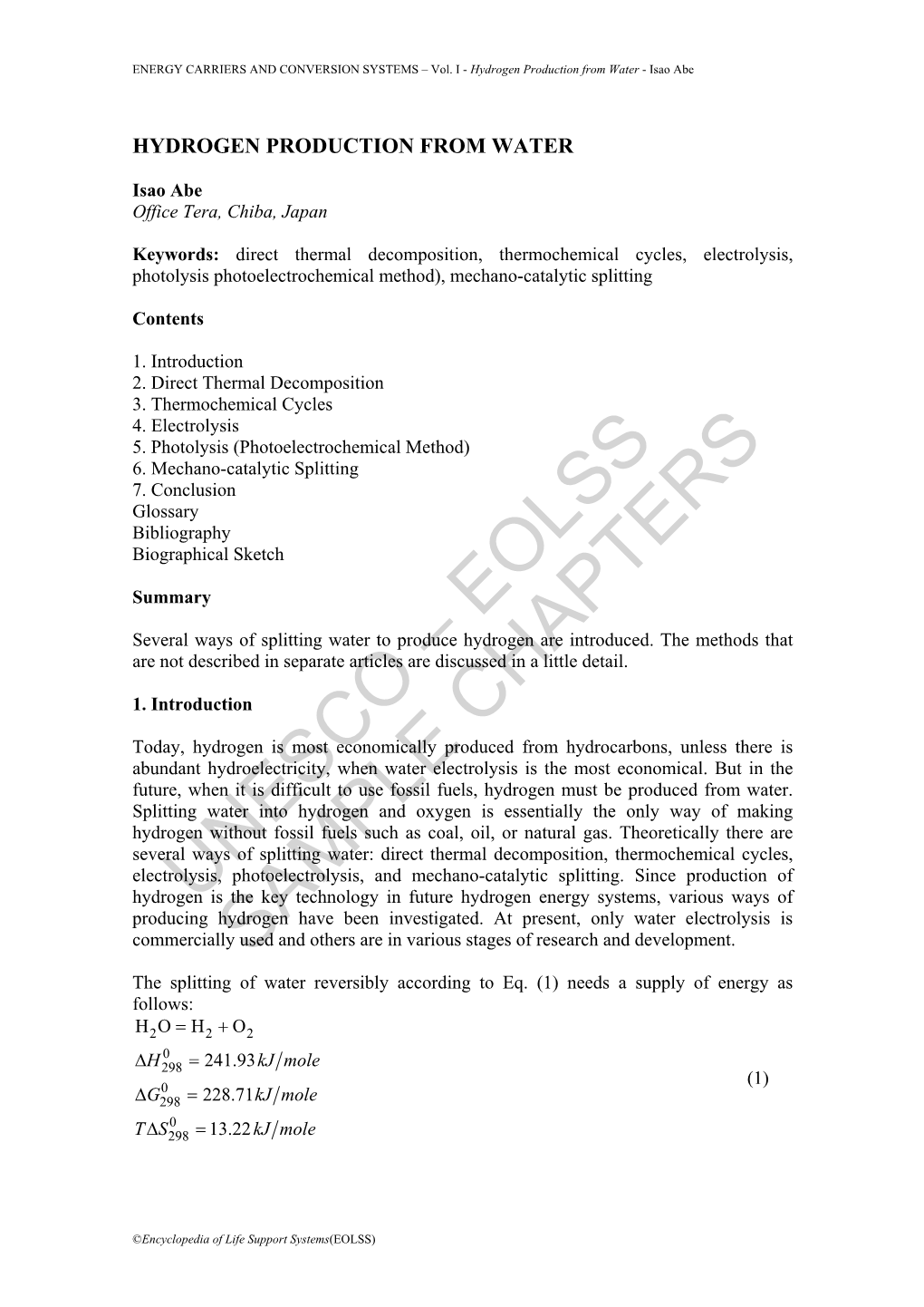 Hydrogen Production from Water - Isao Abe