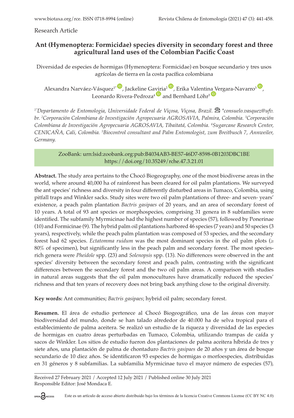 (Hymenoptera: Formicidae) Species Diversity in Secondary Forest and Three Agricultural Land Uses of the Colombian Pacific Coast