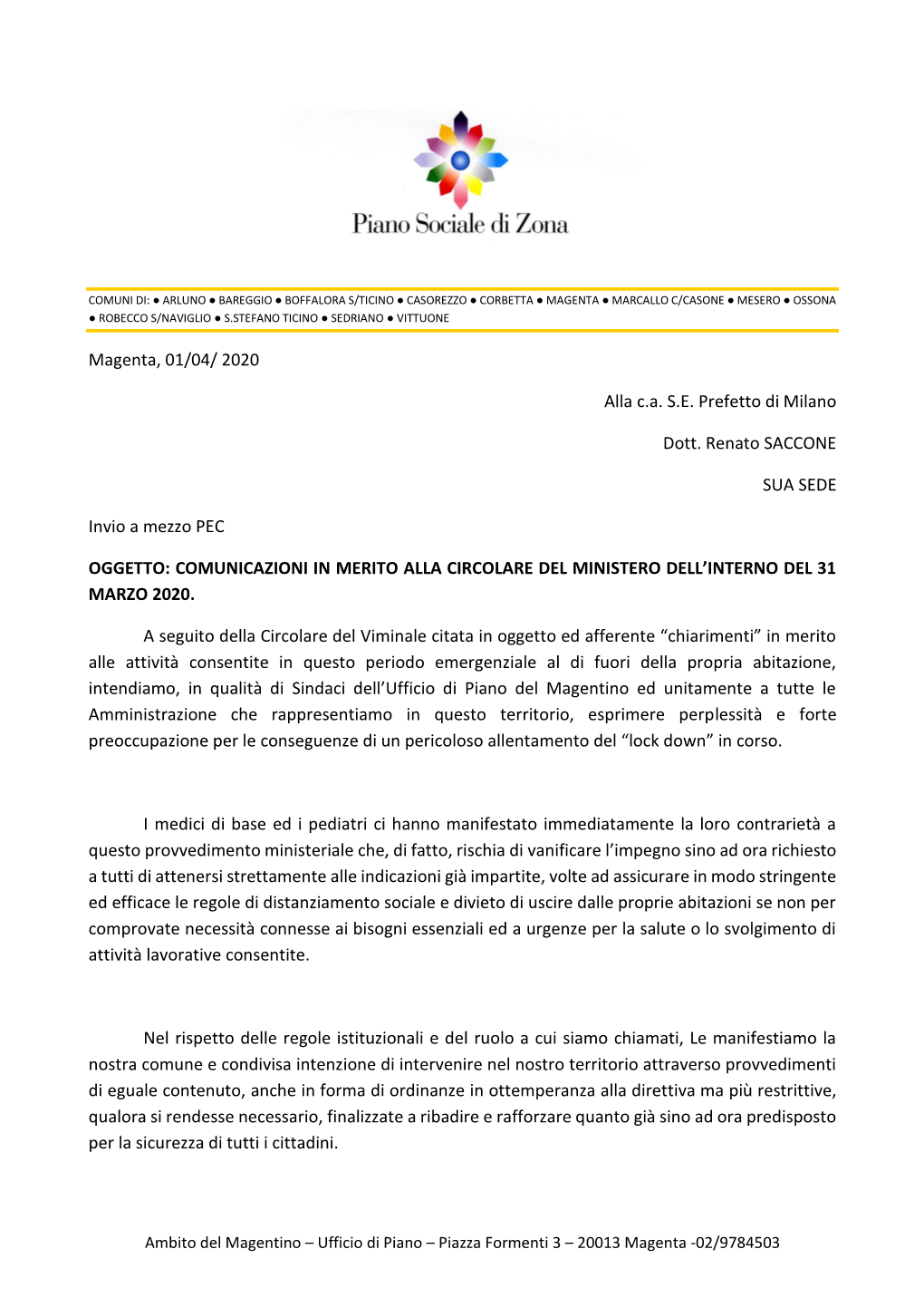 Magenta, 01/04/ 2020 Alla C.A. S.E. Prefetto Di Milano Dott. Renato