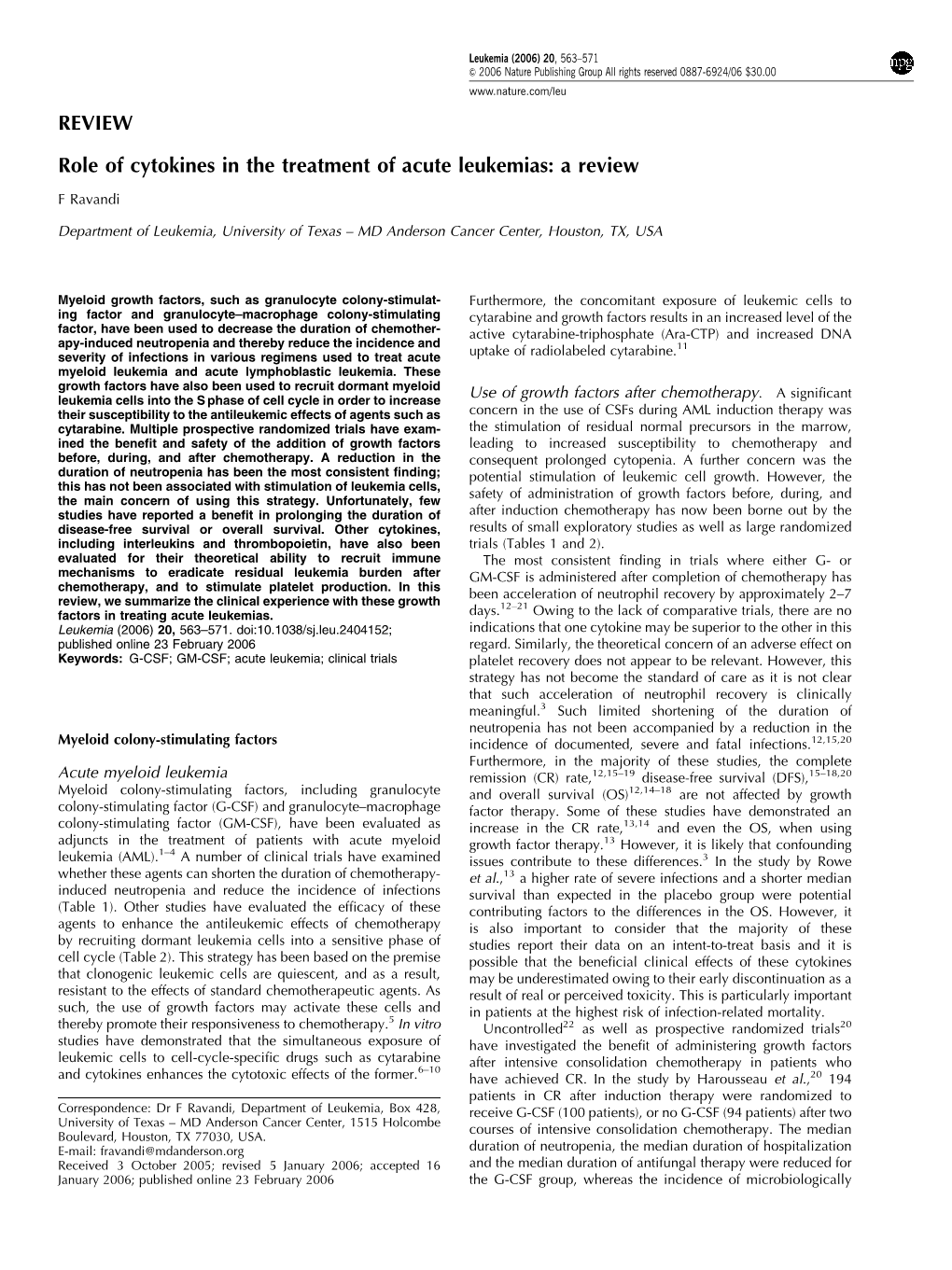 REVIEW Role of Cytokines in the Treatment of Acute Leukemias