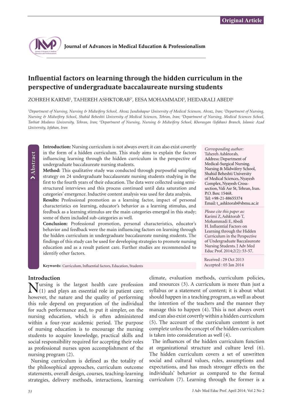 Influential Factors on Learning Through the Hidden Curriculum in the Perspective of Undergraduate Baccalaureate Nursing Students