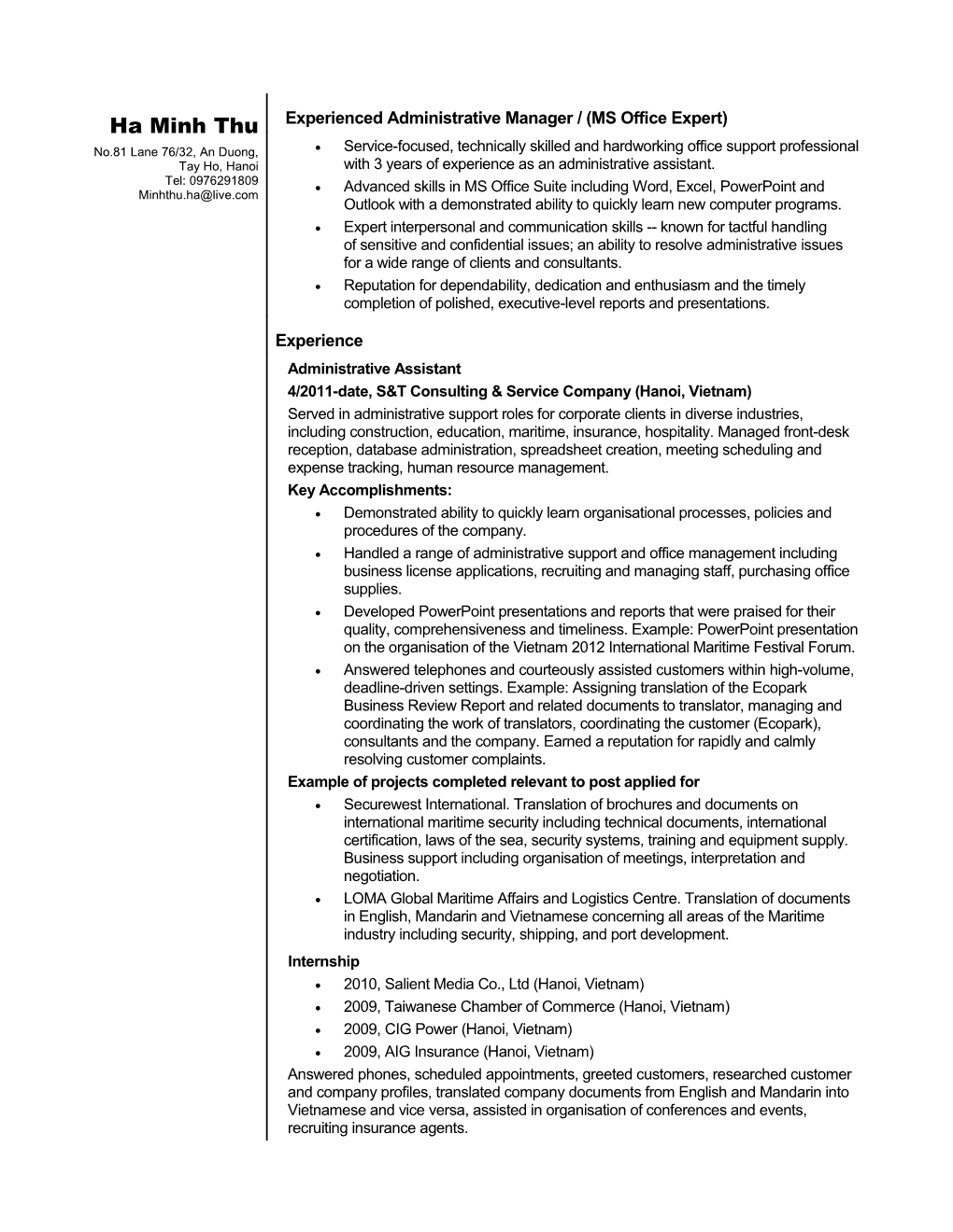 Sample Resume for an Administrative Assistant