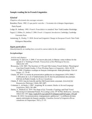 Sample Reading List in French Linguistics Général Sujets Particuliers