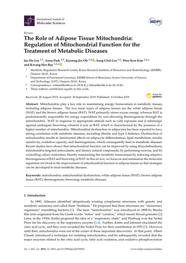 The Role of Adipose Tissue Mitochondria: Regulation of Mitochondrial Function for the Treatment of Metabolic Diseases