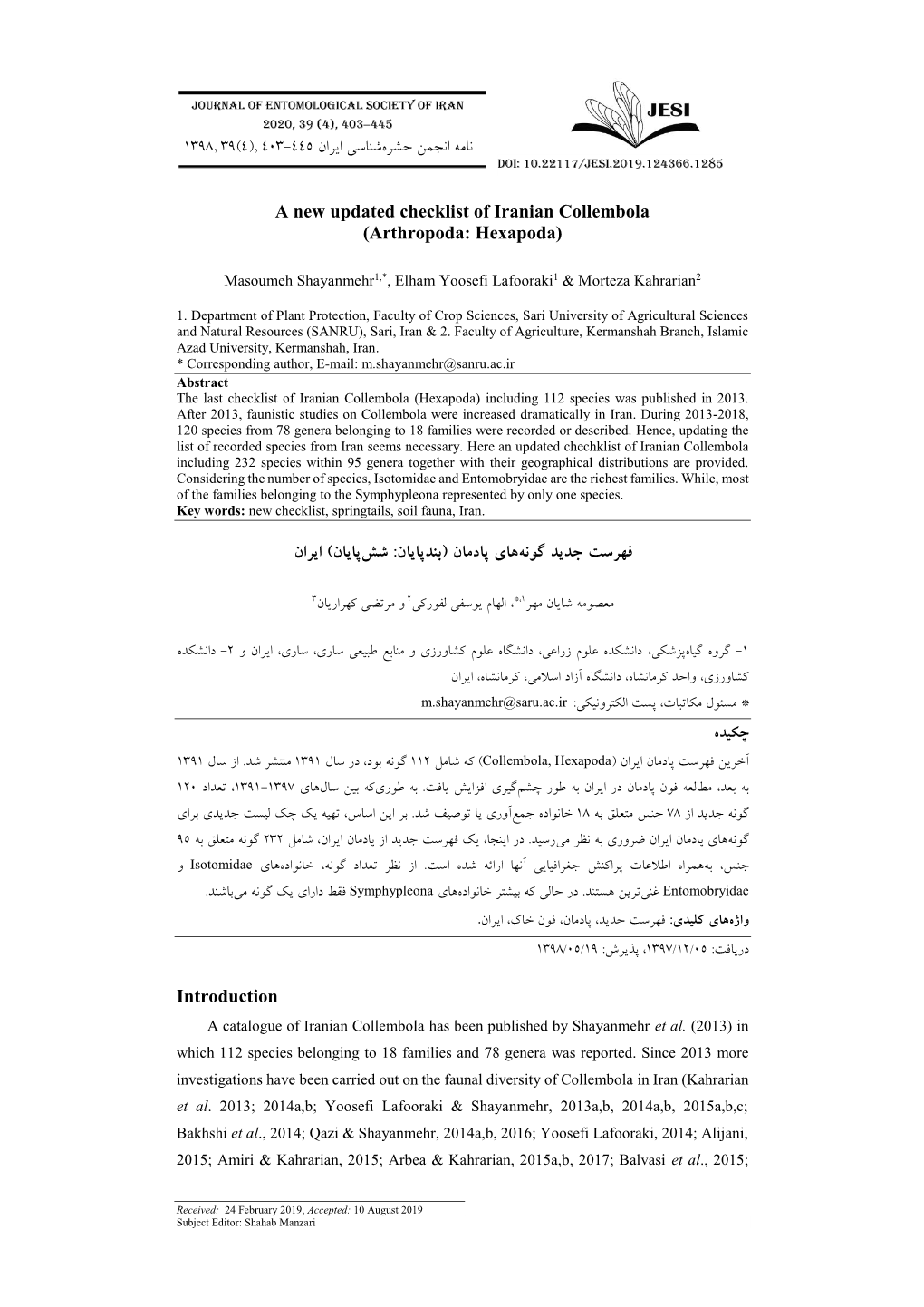 A New Updated Checklist of Iranian Collembola (Arthropoda: Hexapoda)