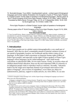 Finno-Ugric Peoples in a Global Context: Human Rights of Speakers of Endangered Languages"