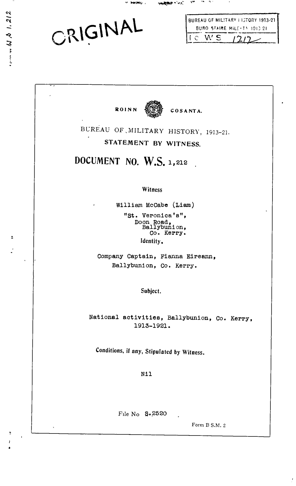 ROINN COSANTA. BUREAU of MILITARY HISTORY, 1913-21 STATEMENT by WITNESS. DOCUMENT NO. WS 1212 Witness William Mccabe