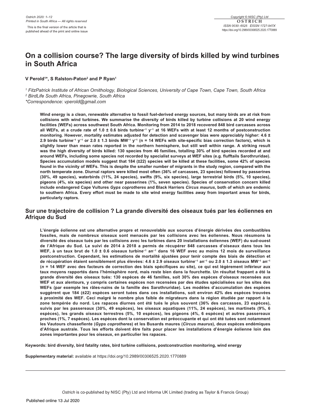 The Large Diversity of Birds Killed by Wind Turbines in South Africa